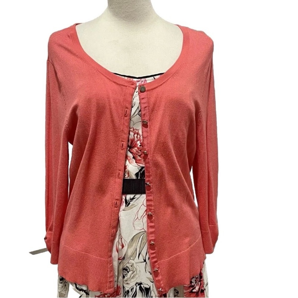 WHBM Coral Rose Knit Cardigan 3/4 Sleeve Elegant Layer Women’s M
